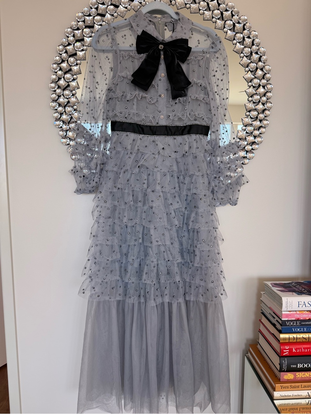 Gray Ruffle Tulle Dress with Black Bow